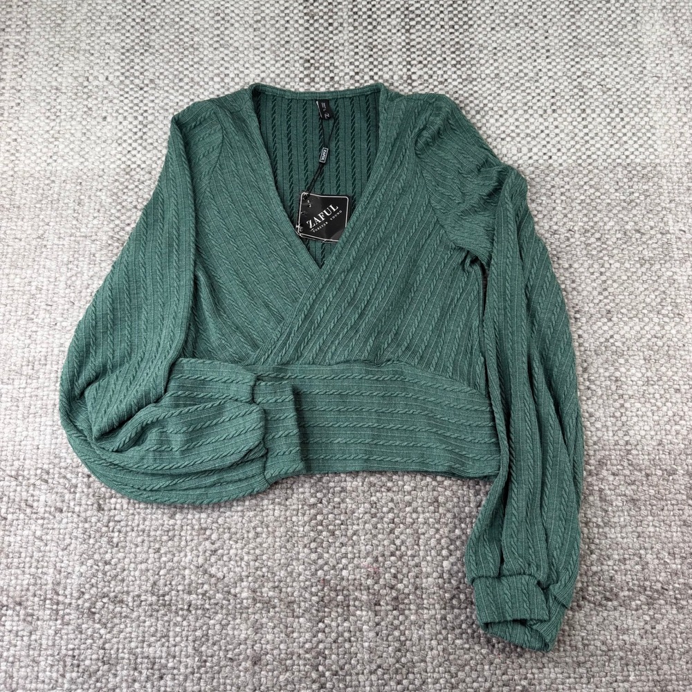 Zaful Wrap Top Womens Large Green Cable Knit Balloon Sleeve Cropped V-Neck NWT